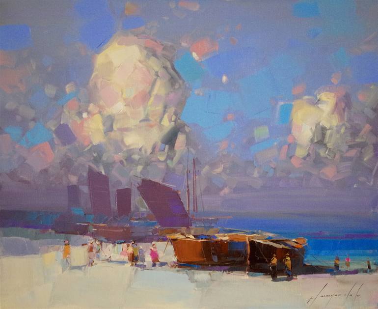 Fishing Boats, Original oil painting, handmade art, one of ...