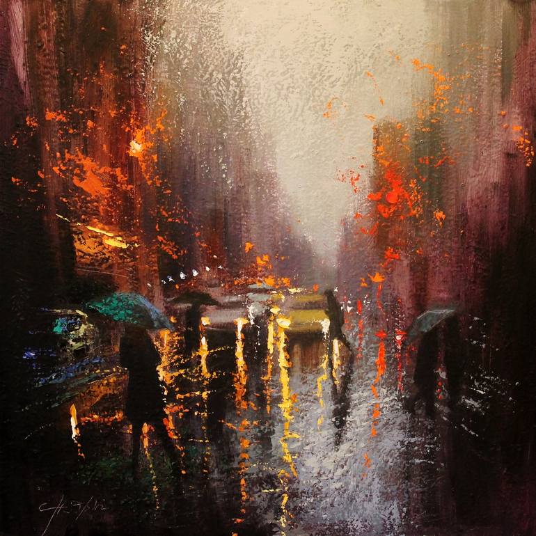 Saatchi Art: Rainy Day 3Green Umbrella Painting by Chin h Shin