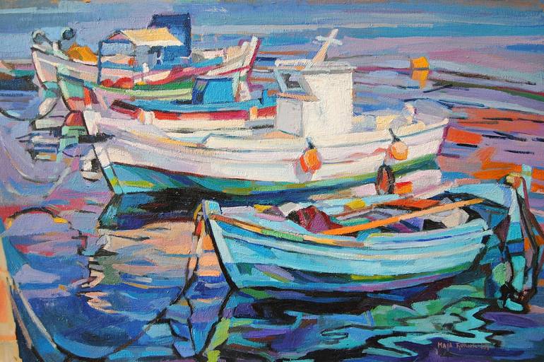 Saatchi Art: Fishing boats in the harbour Painting by Maja 